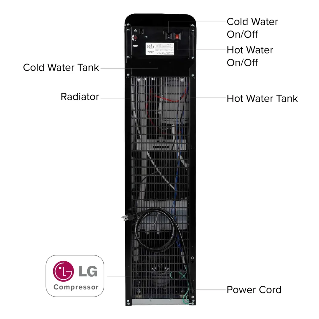 Red upright water cooler with detailed callouts