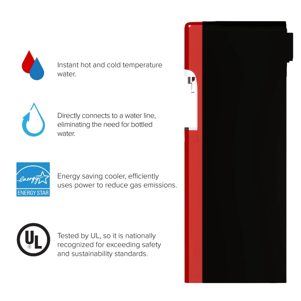 Red upright water cooler with detailed stats
