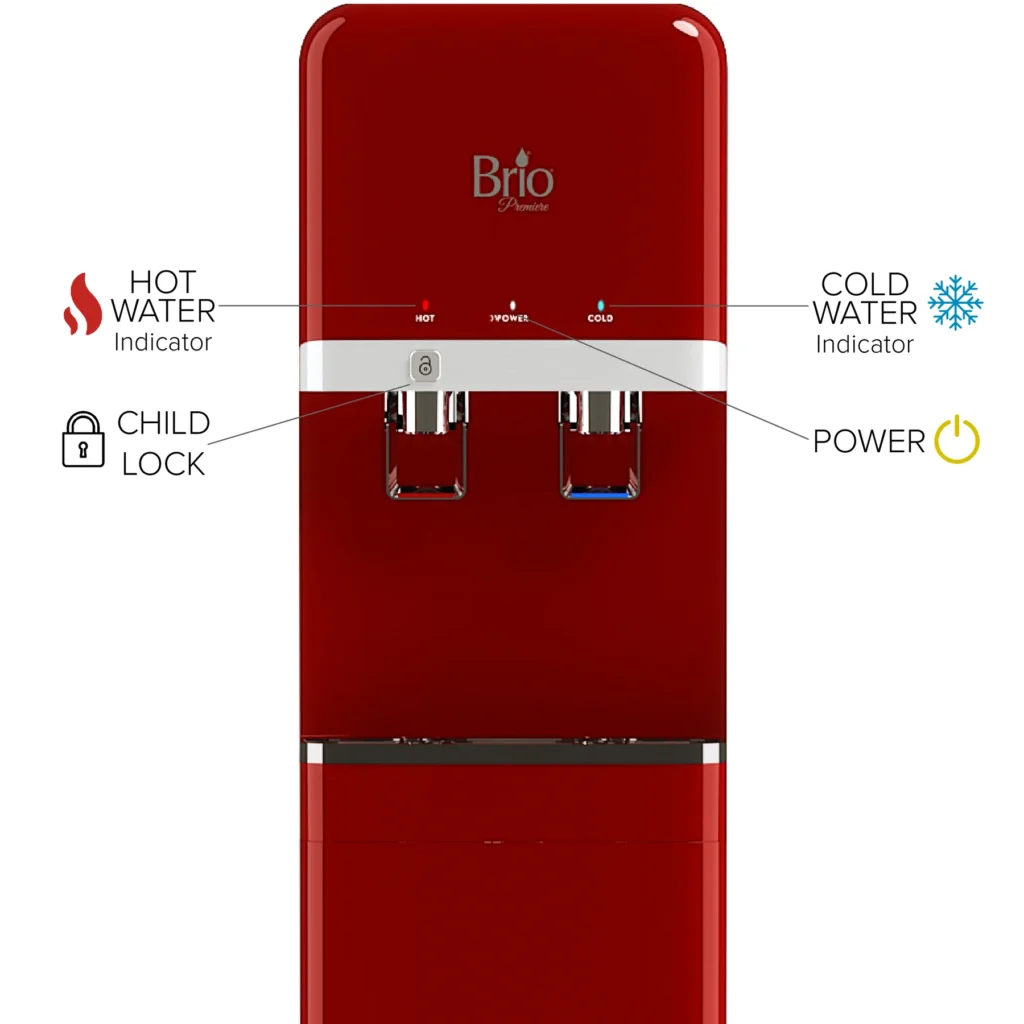 Red upright water cooler with detailed callouts
