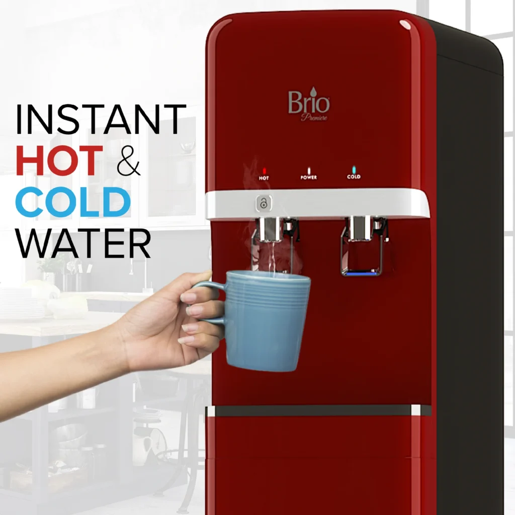 Red upright water cooler hot and cold water