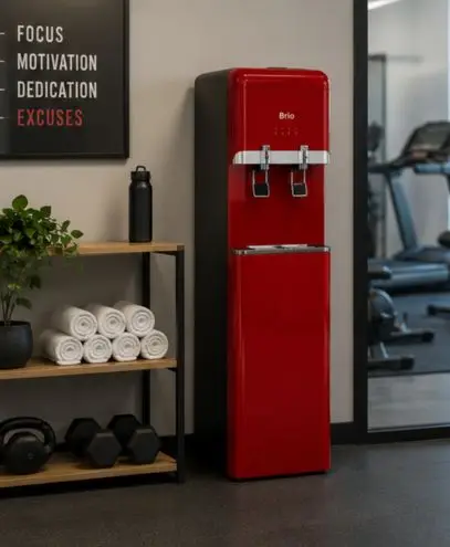 Red upright water cooler in a gym
