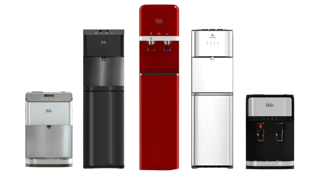 Line up of bottleless water coolers