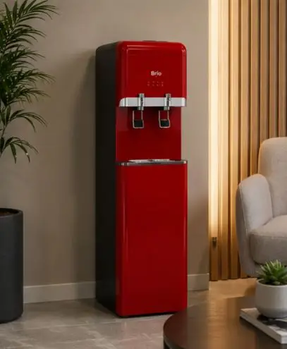 Red upright water cooler in business lobby