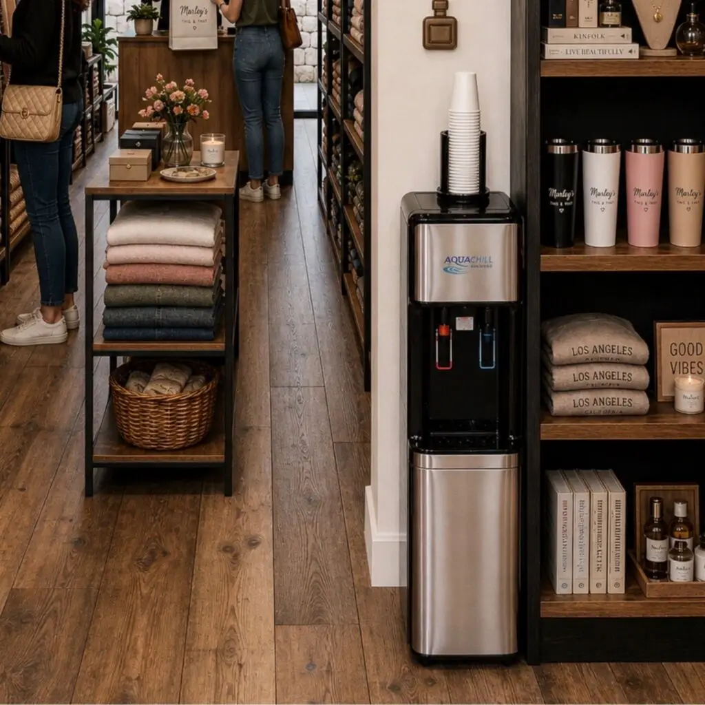 Upright silver bottleless water cooler in commercial space